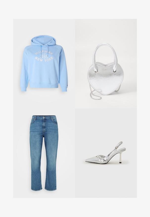 Tommy Hilfiger Curve VARSITY HOODIE - Melegítőfelső - vessel blue; Világoskék farmernadrág egyenes lábbal, öt zsebbel, övhurkokkal és finom fakulással az elején.; Ezüst slingback magas sarkú cipő hegyes orral, fémszerű felülettel, két dekoratív pánttal és vékony sarkú, fekete végű dizájnnal.; Ezüst fém szív alakú kézi táska dupla fogantyúval, láncos pánttal és sima felülettel. Fém hardverrel és varrott szélekkel rendelkezik.