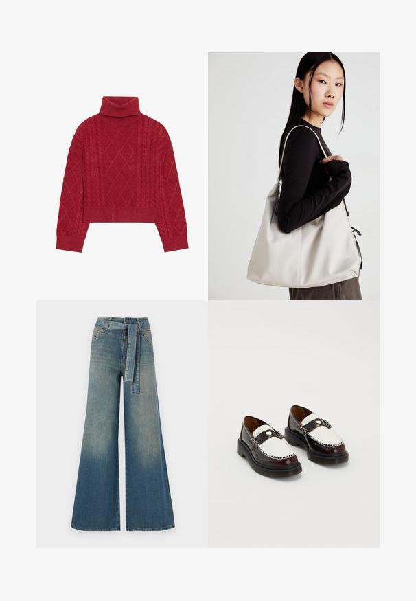Maglione rosso lavorato a maglia con colletto alto, motivo a treccia con disegni a rombo e polsini e orlo a coste.; Pantaloni in denim a gamba larga con una sfumatura che va dal blu chiaro al blu scuro, vita alta, passanti per cintura e una cintura in tessuto coordinato. Finitura in denim strutturato.; Un paio di mocassini in pelle bicolore marrone e bianca con dettagli di cucitura e suole nere spesse su uno sfondo neutro.; Borsa a mano beige realizzata in materiale morbido, caratterizzata da un design morbido, dettagli cuciti e due manici. Adatta per l'uso quotidiano.