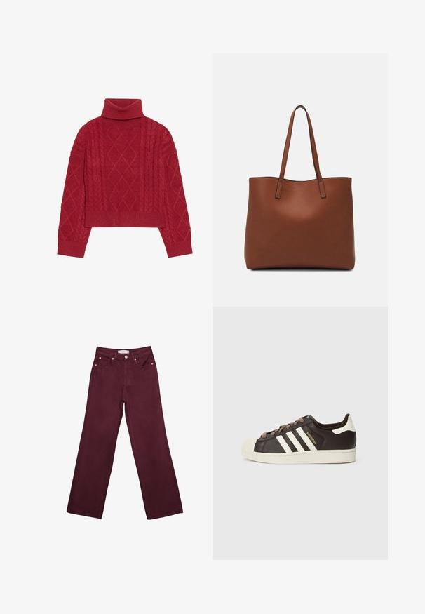 Rdeča pletena jopica z visokim turtleneck-om, kabelskim pletenjem z diamanti in rebrastimi manšetami ter obodom.; Bordo visokokotne traperice s ravnim nogavicam, ki vključujejo sprednje žepke, gumbasto zapiranje in detajle iz bakrenega tona.; Nizki adidas Superstar copat iz temno rjavega usnja s kremasto školjkasto konico, belimi črtami in napisom "Superstar" na strani.; Rjava usnjena torba z gladko teksturo, odprto zasnovo zgoraj in dvema naramnima trakovoma. Opremljena je z minimalnim šivanjem in brez vidnih kovinskih delov.