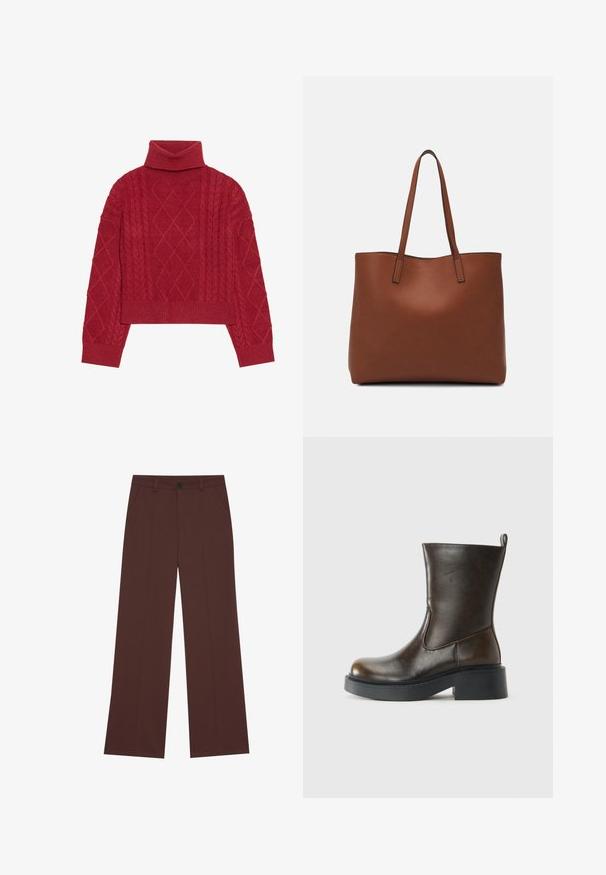 Sarkans adīts džemperis ar augstu kakla izgriezumu, kabeli adījuma dizainu ar dimantu rakstiem, un ribota piedurkņu un apakšmala.; Platas kājas bikses bagātā brūnā audumā. Iekļauj pogu aizdari, divas priekšējās kabatas, gludu tekstūru un tīras līnijas.; Tumši brūni pusgarie ādas zābaki ar noapaļotu purngalu, biezu melnu zoli, zemu blokveida papēdi un vilkšanas cilpu aizmugurē.; Brūna ādas iepirkumu soma ar gludu tekstūru, atvērta augšdaļa un divas plecu siksnas. Izceļas ar minimālām šuvēm un redzamu aparatūru nav.