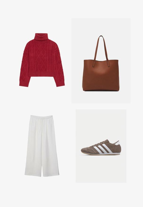Maglione rosso lavorato a maglia con colletto alto, motivo a treccia con disegni a rombo e polsini e orlo a coste.; Pantaloni bianchi a gamba larga realizzati in tessuto leggero, dotati di una vita elastica e di un cordino per una vestibilità regolabile. Texture liscia.; Scarpa sportiva in suede marrone con strisce bianche, punta tonda, design con lacci e suola in gomma. Parte superiore testurizzata con dettagli cuciti.; Borsa tote in pelle marrone con texture liscia, design con apertura superiore e due spallacci. Presenta cuciture minime e nessun hardware visibile.