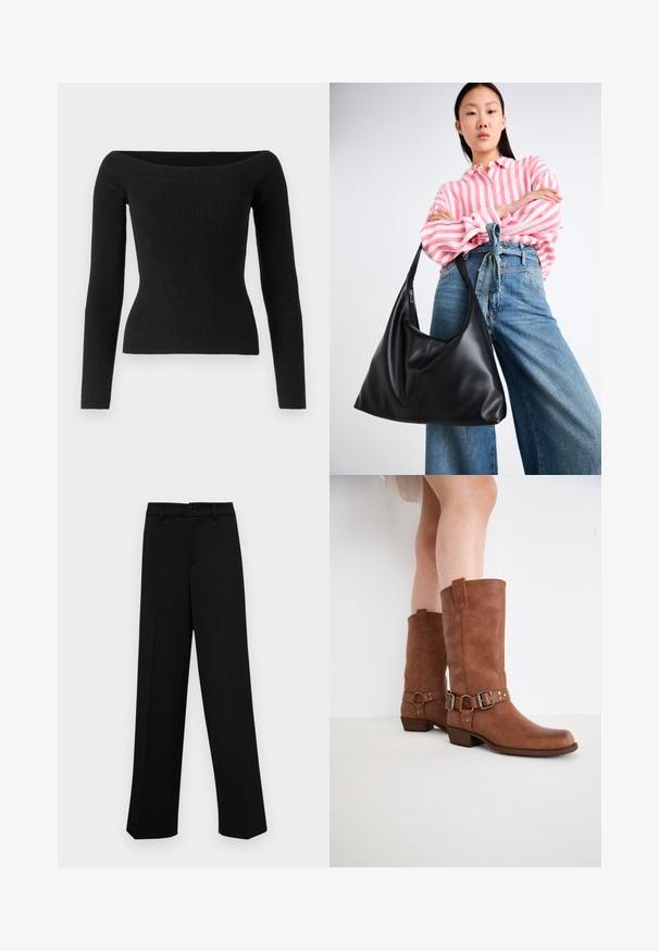 Pull noir à côtes, sans manches, avec des manches longues, à la coupe ajustée et en tissus texturé, idéal pour superposer ou à porter seul.; Pantalons larges noirs en tissu lisse, avec une taille classique à fermeture à bouton et des plis sur le devant.; Bottines en cuir marron avec un bout légèrement pointu, des boucles décoratives et un talon bas empilé. Texture lisse avec une finition mate.; Sac à épaule en cuir noir avec une forme décontractée et des détails de couture. Le modèle porte une chemise rayée rose et blanche avec un jean bleu à jambes larges.