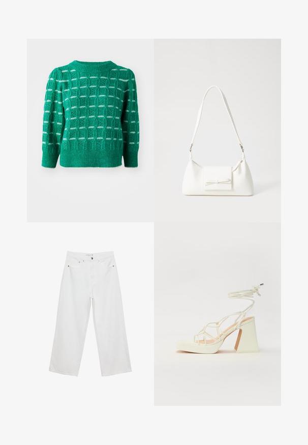 Grüner gestrickter Pullover mit einem offenen geometrischen Muster, geripptem Ausschnitt und Saum sowie Puffärmeln. Gestreifte Akzente in Weiß.; Weiße Jeans im weit geschnittenen Design aus Denim mit hoher Taille, ausgestattet mit fünf Taschen und Metallbeschlägen. Glatte Textur, keine sichtbaren Muster.; Weiße High-Heel-Sandale mit einem klobigen Absatz, die über ein Riemchendesign und ein Knöchelband verfügt. Glatte Textur mit einer Plattform vorne für zusätzliche Höhe.; Weiße synthetische Handtasche in dreieckiger Form, flache Vorderklappe und Schleifendetail, verstellbarer Trageriemen, glatte Textur und minimalistisches Design.