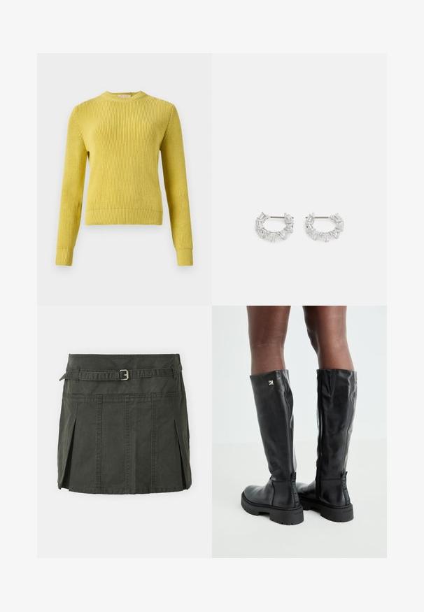 Sárga kötött pulóver kerek nyakkivágással, hosszú ujjal, bordás mandzsettákkal és szegéllyel. Texturált minta az anyagán. Rétegezésre alkalmas.; Sötétzöld, pamut mini szoknya, formázott derékkal, övvel és elülső pliszékkel. Varrott részletekkel és klasszikus szabással rendelkezik.; Fekete, térd fölé érő bőr csizmák sima textúrával, lekerekített orral, vastag talppal és cipzáras záródással. Ezüst színű logó található az oldalon.; Ezüst karika fülbevalók, átlátszó, téglalap és háromszög alakú kristályokkal, mintás elrendezésben. Biztonságos rögzítést biztosító fülbevaló pálcikák.