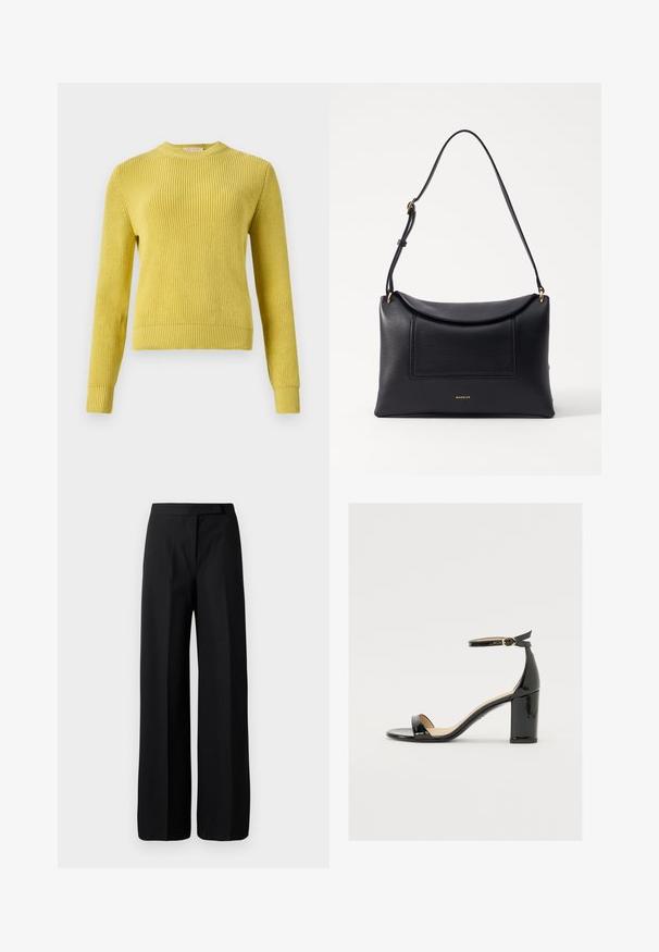 Knit yellow sweater with a crew neckline, long sleeves, ribbed cuffs, and hem. Textured pattern throughout the body. Suitable for layering.; Wide-leg black trousers with a smooth, matte texture. Flat waistband with no visible hardware or patterns. Simple and elegant design.; Black patent leather sandal with a wide heel, open toe, and ankle strap featuring a gold buckle. Smooth texture and sleek design.; Black leather bag with a structured shape, a fold-over top, and a front pocket. It features a slender strap and gold hardware accents.