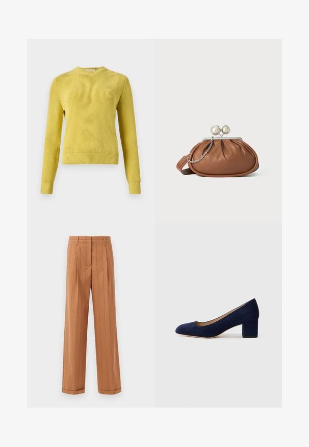 Pulôver amarelo de malha com gola redonda, mangas longas, punhos e barra canelados. Padrão texturizado por todo o corpo. Adequado para sobreposições.; Calças castanhas com riscas finas e design ajustado, apresentando pregas, corte reto e bainha com dobra. Feitas de um tecido suave.; Salgados de camurça azul-marinho com bico fino e um salto quadrado de altura média. Textura suave com um ligeiro brilho e um pequeno corte na parte da frente.; Pasta de mão em couro castanho com fecho em bola prateada e um pequeno detalhe em corrente prateada sobre um fundo branco.