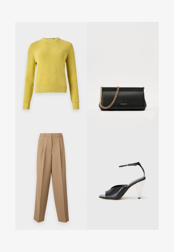 Maglione giallo a maglia con scollatura a girocollo, maniche lunghe, polsini a costine e orlo in costina. Motivo testurizzato su tutto il corpo. Adatto per essere indossato a strati.; Pantaloni beige su misura con vita alta, fronte plissettato e taglio a gamba larga. Il tessuto appare morbido con una leggera lucentezza.; Sandal con tacco alto in pelle nera, con punta aperta, design asimmetrico, cinturino alla caviglia e tacco metallico a forma di cono. Texture liscia.; Clutch bag in pelle nera con tracolla in catena dorata, caratterizzato da una superficie liscia, forma rettangolare e branding in rilievo sul davanti.