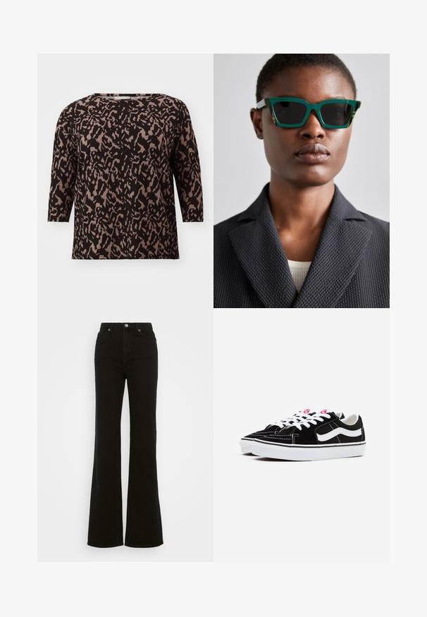 Črna in bež vzorčasta srajca s tremi četrtinskimi rokavi, okroglo ovratnikom in ohlapnim krojem. Tkanina ima mehak, teksturiran videz.; Črne flare kavbojke z visokim pasom, izdelane iz denima, s gumbom za zapiranje, stranskimi žepi in gladko teksturo.; Črne zamšene superge z belimi vezalkami, ki imajo izrazit bel stranski trak in črno gumijasto podplat, ter prikazujejo podrobnosti kontrastnega šivanja.; Zelena in vzorčasta sončna očala z geometrijskim okvirjem; temna leča; model nosi teksturiran črn blazer čez svetlo majico.; Črna sintetična torba za ramo s ukrivljeno silhueto, teksturirano površino, zlatim trikotnim logotipom in odstranljivimi dodatki.