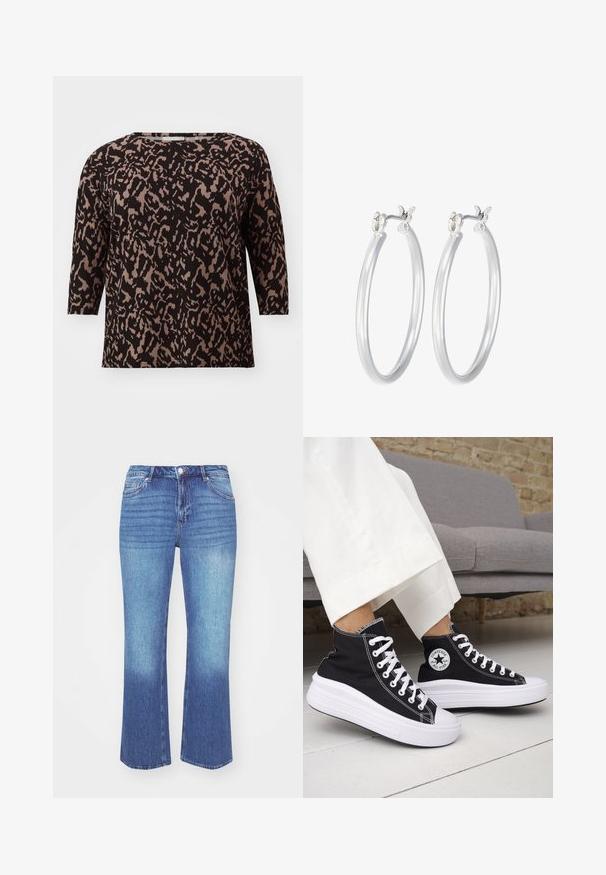 Juodas ir smėlio spalvos raštuotas viršus, turintis tris ketvirtadalius rankovių, apvalų iškirpimą ir laisvą siluetą. Audinys turi minkštą, tekstūruotą išvaizdą.; Džinsai, turintys šviesiai mėlyną iki vidutinio mėlynumo gradientą. Sukurti tiesios kojos kirpimui, su penkiomis kišenėmis ir siuvinėjimu palei siūles.; Juodi aukštakulniai sportbačiai su baltais guminiu padu ir raišteliais. Ant jų yra apvalus logotipo lopas ir kontrastingos baltos siūlės. Pagaminti iš drobės medžiagos.; Sidabriniai auskarai su sklandžiu, poliruotu paviršiumi. Apvalios formos ir saugus uždarymo mechanizmas. Lengvas dizainas, tinkantis kasdieniam dėvėjimui.