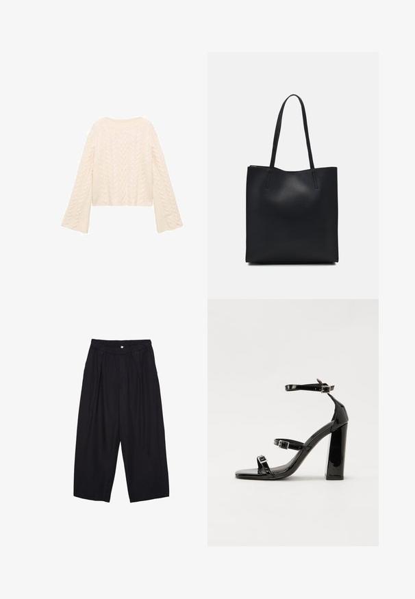 Cream cable-knit sweater with a cropped design and flared sleeves, featuring textured patterns throughout. Soft, knitted material.; Black polyester culotte pants with an elastic waistband, two front pleats, and a loose silhouette. No visible patterns or hardware details.; Black patent heeled sandals with a square toe, ankle straps, and silver buckles. Features a chunky block heel for stability.; Black leather tote bag with smooth texture, rectangular shape, and two long handles. No visible hardware or embellishments.
