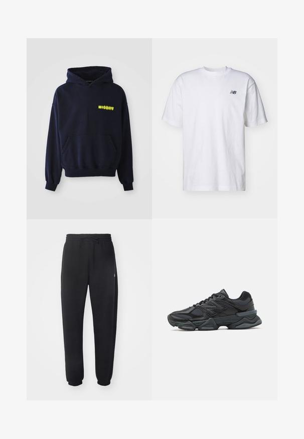Mørkeblå hettegenser med lomme foran og gult "MISBHV"-logo på øvre venstre bryst, vist på hvit bakgrunn.; Hvit kortermet T-skjorte med rund hals og liten svart New Balance-logo på venstre bryst mot en ensfarget bakgrunn.; Sorte joggebukser laget av mykt materiale med elastisk midje, snor og smale mansjetter, med en diskret logo på siden.; Svart løpesko med en blanding av mesh og syntetiske materialer, chunky såle, buet design og fremtredende merkevare på siden.