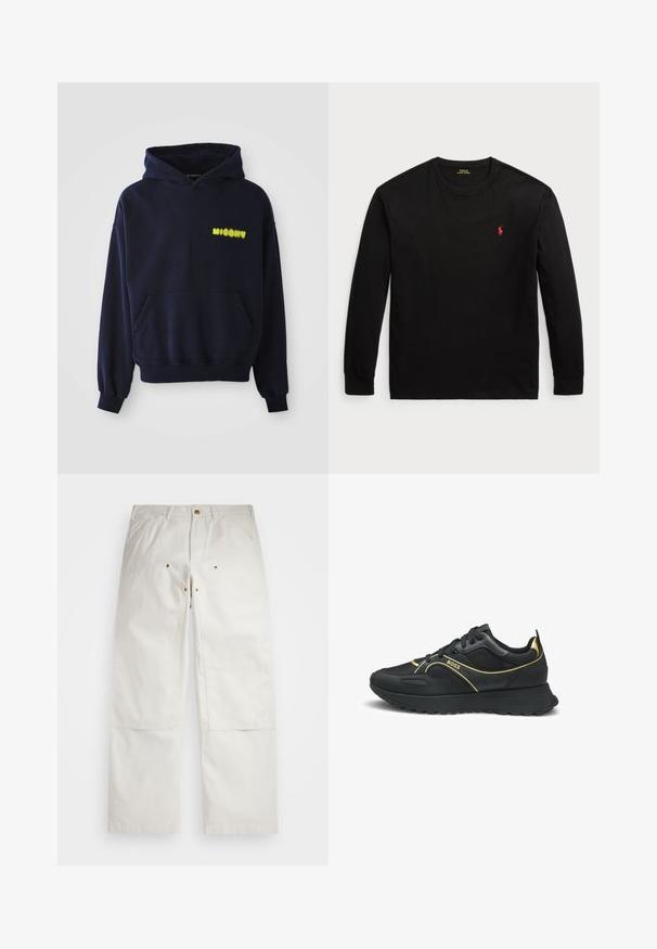 Felpa blu navy con tasca frontale e logo giallo "MISBHV" sul lato sinistro del petto, mostrata su sfondo bianco.; T-shirt nero a maniche lunghe in cotone. Presenta un collo tondo, polsini a coste e un piccolo logo rosso ricamato sul petto. Texture liscia.; Pantaloni di cotone bianchi con vestibilità morbida, dotati di tasche frontali, con dettagli in metallo dorato e rinforzi sulle ginocchia.; Sneaker nere con accenti dorati, dotate di una tomaia sintetica liscia, pannelli testurizzati, punta rotonda e suola in gomma con grip.