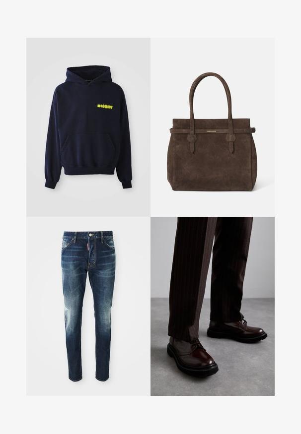 Sudadera azul marino con bolsillo frontal y logo amarillo "MISBHV" en la parte superior izquierda del pecho, presentado sobre un fondo blanco.; Camiseta sin mangas de algodón blanca con escote redondo, que presenta una textura suave y una forma ajustada, diseñada para el uso casual.; Jeans de mezclilla azul oscuro con un corte ajustado, que presentan áreas desgastadas en los muslos y las rodillas, cinco bolsillos y un cierre de botón de metal.; Zapatos de cuero marrón con cordones y un acabado brillante, suela de goma negra y costuras sutiles. Llevados con pantalones marrón de rayas.; Bolsa tote de ante marrón oscuro con dos asas y una correa horizontal que presenta una pequeña placa de logo dorado de DSQUARED2.