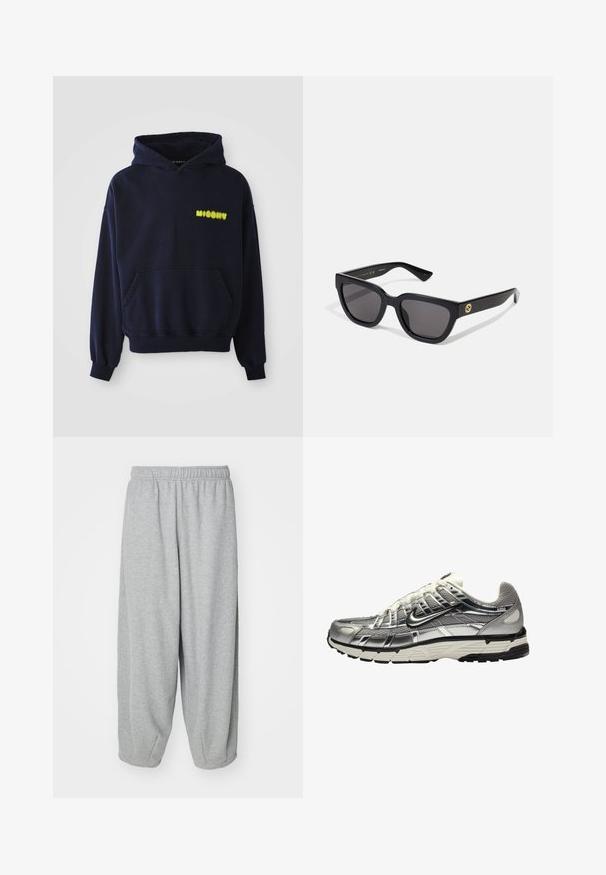 Sweat à capuche bleu marine avec poche kangourou à l'avant et logo jaune "MISBHV" sur le côté gauche de la poitrine, présenté sur fond blanc.; T-shirt en coton noir à manches courtes et col ras du cou. Présente un texte blanc "ALLSAINTS" et "LONDON" sur la partie gauche de la poitrine.; Pantalons de jogging gris clair, amples et fabriqués en tissu doux. Taille élastique et poignets aux chevilles. Design simple et sans ornements.; Chaussure de sport argentée et noire avec une tige en mailles et en synthétique, au design volumineux et à la finition texturée. Présente un col rembourré et une semelle en caoutchouc.; Lunettes de soleil noires rectangulaires avec une finition brillante, des verres foncés, et un accent en or sur la branche présentant le logo.