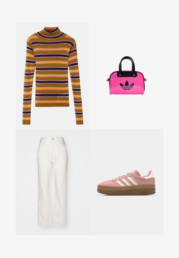 Sweater de gola alta de manga longa canelado com riscas horizontais em mostarda, rosa, laranja, preto e cinza sobre um fundo branco.; Calças de ganga brancas com cintura alta e corte largo. Apresenta fecho de botão e zíper, passantes para cinto e detalhes de costura sutis.; adidas Originals GAZELLE BOLD - Sapatilhas - mauve/off white; Mala de patente rosa com um logótipo e alças pretas, apresentando uma forma arredondada e fecho de zíper. A textura brilhante aumenta a visibilidade.