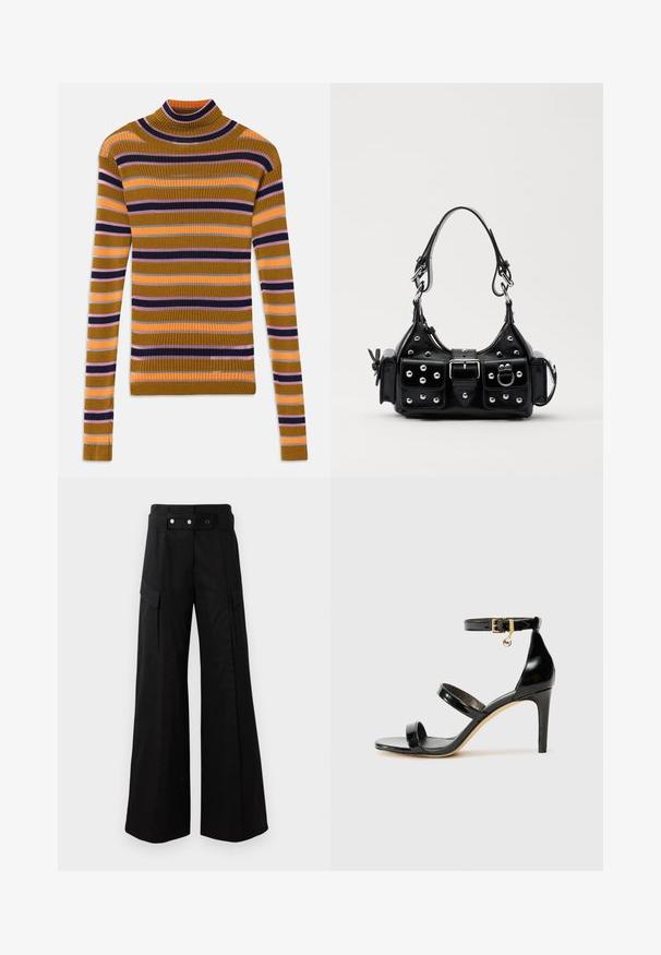 Pull en maille côtelée à manches longues et col roulé, avec des rayures horizontales en moutarde, rose, orange, noir et gris sur un fond blanc.; Pantalons larges noirs avec une taille haute, dotés de grandes poches latérales, de deux boutons à l'avant et d'un détail en boucle. Fabriqués en tissu résistant.; Sandale en cuir verni noir avec trois brides, boucle de cheville et talon aiguille de 10 cm. Présente un détail en métal doré et un charm logo.; Sac à main en cuir noir au design courbé, avec des clous en argent, une boucle et deux poches latérales. Bandoulière réglable pour différentes options de transport.