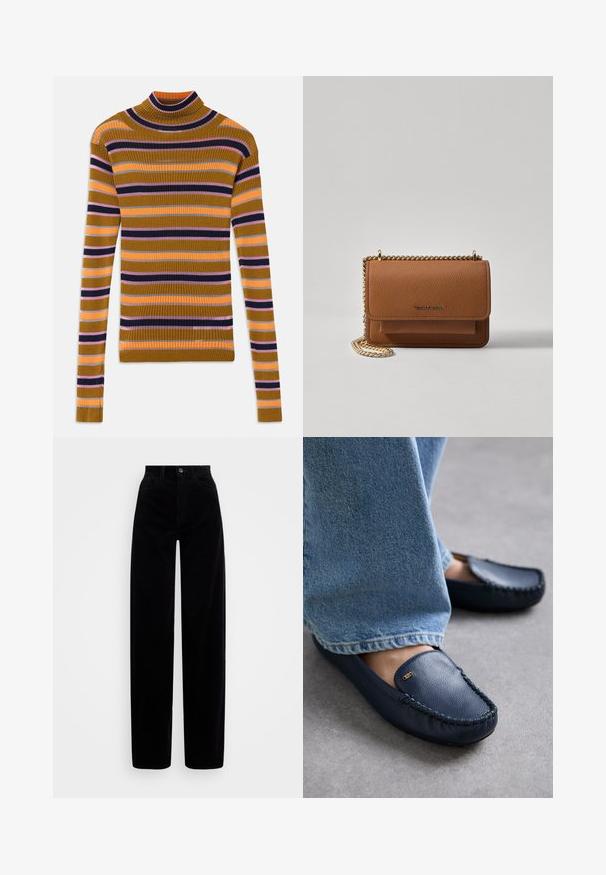 Ribkovaný sveter s dlhým rukávom a rolákom s horizontálnymi pruhmi v horčicovej, ružovej, oranžovej, čiernej a šedej farbe na bielom pozadí.; Čierne kordúrové nohavice s vysokým pásom, širokým strihom a jedným predným gombíkom. Hladká textúra s vertikálnym ryhovaním.; MICHAEL Michael Kors EVE - Mokasíny - navy; Hnedá textúrovaná kožená taška cez telo s zlatým reťazovým popruhom a preklopným uzáverom. Predná strana obsahuje detail s logom a vrecko pod preklopkou.