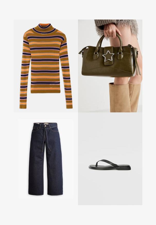 Ribbed long-sleeve turtleneck sweater with horizontal stripes in mustard, pink, orange, black, and gray on a white background.; Wide-leg dark blue denim jeans with a high waist, featuring a drawstring tie, five pockets, and contrasting stitching details.; Black flip-flop made of smooth leather, featuring a thin strap design and a flat sole with a minimal profile. No notable patterns or accents.; Olive green faux leather handbag with silver star accent, dual handles, and a zip closure. Textured surface and structured shape.