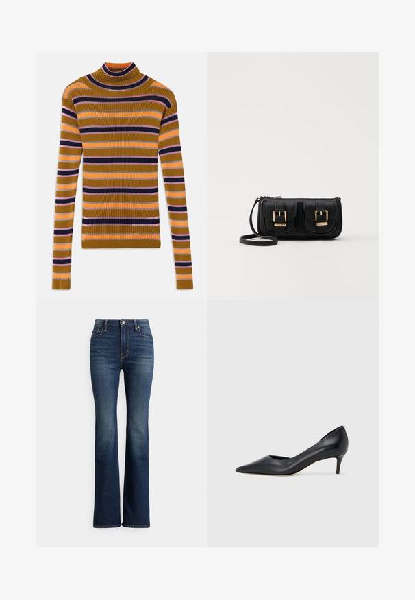 Rippstrick-Pullover mit langen Ärmeln und Rollkragen, mit horizontalen Streifen in Senfgelb, Pink, Orange, Schwarz und Grau auf weißem Hintergrund.; Dunkelblaue Jeans mit hoher Taille und Bootcut-Schnitt, vorne mit Knöpfen und Taschen, leichte Verfärbungen an Oberschenkeln und Kniebereichen, auf weißem Hintergrund präsentiert.; Schwarzer Pumps aus Leder mit spitzer Zehenpartie und niedrigem Absatz. Verfügt über eine glatte Textur und dezenten Glanz. Vordere Öffnung für ein zusätzliches Detail.; Schwarze Leder-Umhängetasche mit zwei vorderen Taschen, goldenen Schnallen, Reißverschluss und einem schmalen Tragegurt. Texturierte Oberfläche und kompakte rechteckige Form.