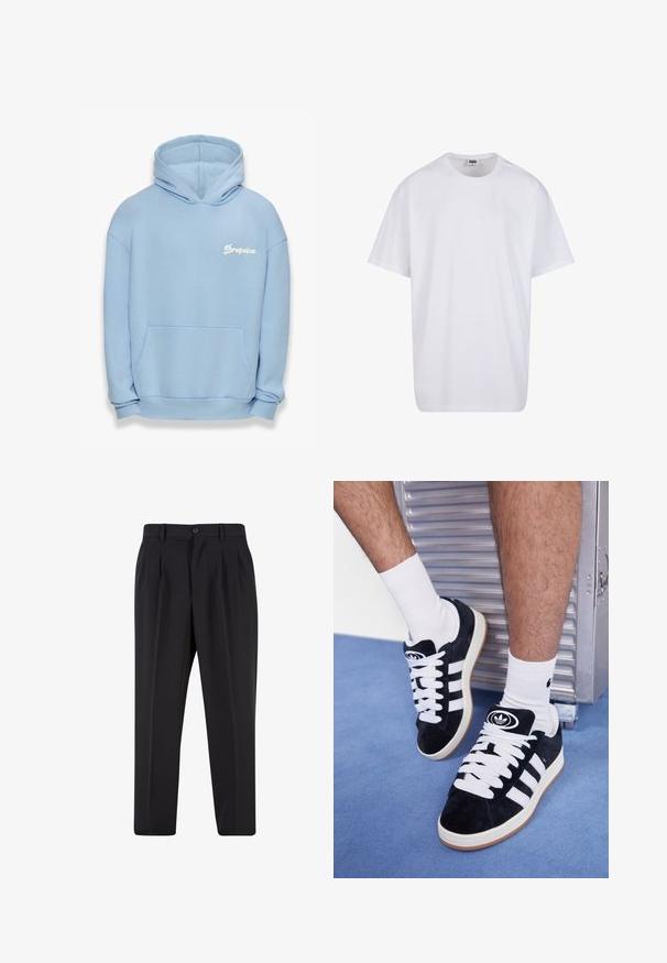 Vaaleansininen huppari, joka on valmistettu pehmeästä kankaasta. Siinä on etutasku, ribattu helma ja valkoinen brodeerattu "Dropsize" -logo.; Valkoinen puuvillainen t-paita, jossa on lyhyet hihat, pyöreä kaula-aukko, rento istuvuus ja ei näkyviä logoja tai kuvioita. Sileä pinta ja minimaalinen muotoilu.; Mustat housut, joissa on laskostettu etuosa, valmistettu sileästä kankaasta. Varustettu nappikiinnityksellä ja vyölenkeillä; suora lahje.; Mustat mokkasneakersit, joissa on valkoiset nauhat ja kolme valkoista raitaa. Kengissä on ympyrän muotoinen musta logo kielen päällä ja kuminen pohja.