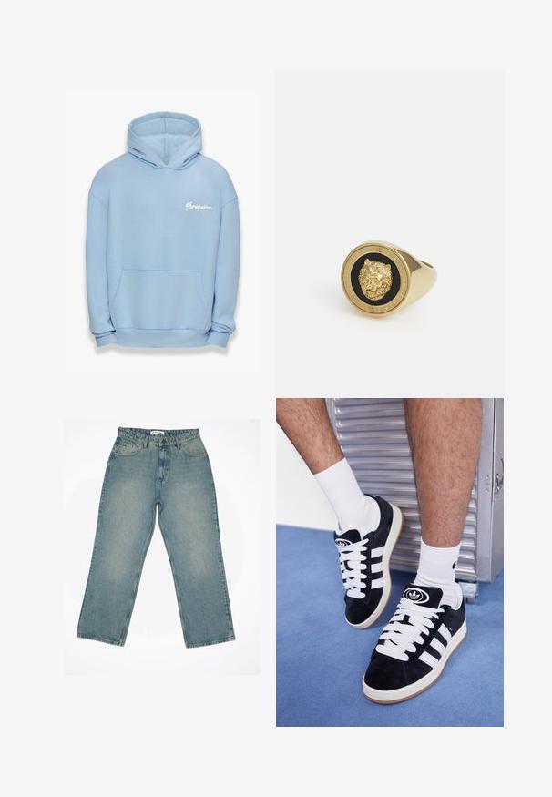 Hoodie bleu clair en tissu à texture douce. Il possède une poche frontale, un ourlet côtelé et un logo "Dropsize" blanc brodé.; T-shirt blanc à manches courtes en coton doux. Il présente un col rond et une coupe décontractée, avec une texture lisse et un design épuré, sans ornements.; Jean en denim bleu clair avec une taille haute et une coupe large. Présente des poches avant, une fermeture éclair et des détails de couture visibles.; Baskets en suede noir avec des lacets blancs et trois rayures blanches. Présente un logo circulaire noir sur la languette et une semelle en caoutchouc beige.; Bague dorée présentant un motif de lion en relief sur fond noir, entourée d'un anneau circulaire gravé au nom de la marque.