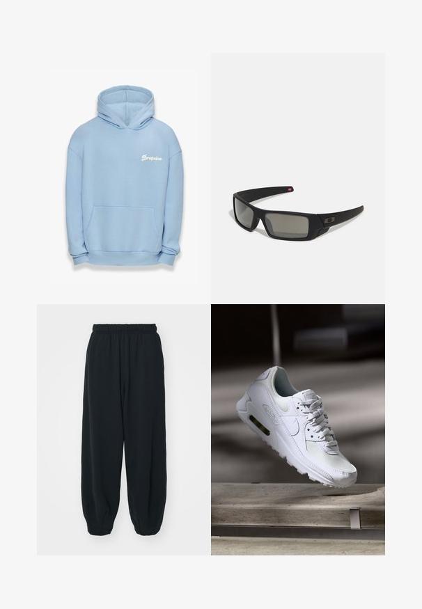 Hoodie bleu clair en tissu à texture douce. Il possède une poche frontale, un ourlet côtelé et un logo "Dropsize" blanc brodé.; Pantalons de survêtement noirs avec taille élastiquée, coupe ample, chevilles côtelées, texture lisse et sans motifs ni accents matériels visibles.; Sneaker Nike Air Max 90 blanche avec une tige en mesh et cuir, une boîte à orteils perforée et une unité air visible au talon.; Lunettes de soleil noires avec une finition mate, verres rectangulaires, légère courbure sur les branches, détail de logo subtil et verres teintés fumés.