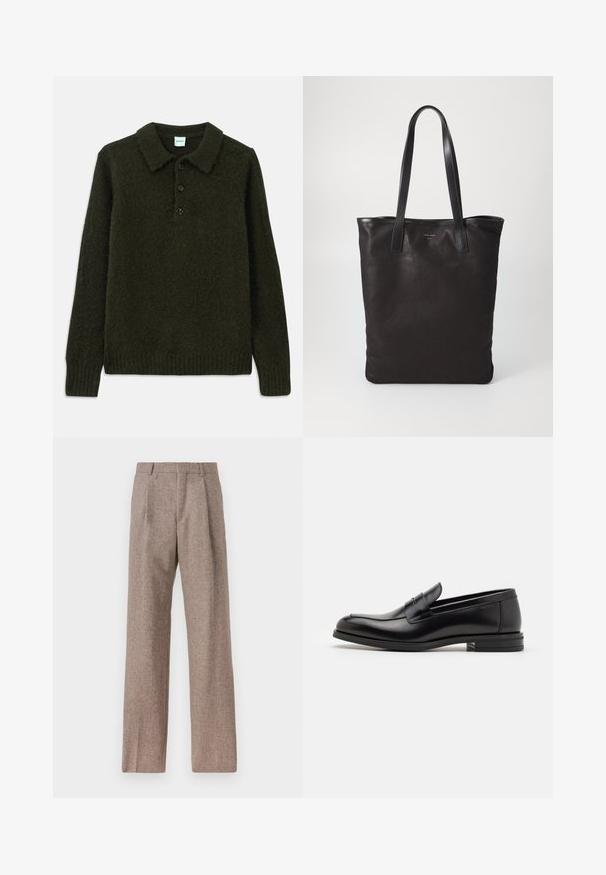 Dunkelgrüner Strickpullover mit Kragen, vier Knopfblenden, strukturiertem Stoff sowie gerippten Bündchen und Saum, der ein gemütliches Erscheinungsbild bietet.; Braune, hochtaillierte Hose aus strukturiertem Stoff. Mit weitem Bein und zwei vorderen Bügelfalten für zusätzliche Form. Saubere Verarbeitung ohne sichtbare Hardware.; Schwarze Lederloafers mit glatter Textur, rundem Zehenbereich und einem dekorativen Riemen über dem Vorderfuß. Niedriger, gestapelter Absatz, minimalistisches Design.; Schwarze Stofftote mit schwarzen Ledergriffen. Einfaches Design, geräumiger Körper und glatte Textur. Keine sichtbaren Logos oder Muster.