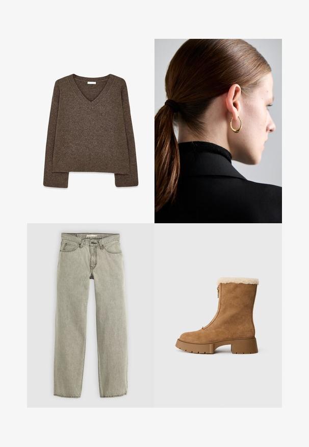 Rudas, megztas džemperis su V formos iškirpte, ilgomis rankovėmis, šiek tiek trumpa dizaino forma ir raižytomis kraštinėmis. Minkšta tekstūra su lygiu paviršiumi.; Šviesiai pilki tiesių kojų džinsai su priekyje esančia užsegimu ir užtrauktuku, diržo kilpos ir penkių kišenių dizainu.; Rudos šviesaus zomšo aulinukai iki kulknies su pūkuota grietinėlės spalvos pamušalu, šonu užtrauktuku ir stambiu guma padu. Turi lygų paviršių ir apvalią nosį.; Auksinė auskarų žiedas su apvaliu, šiek tiek tekstūruotu dizainu, nešiojama kairėje ausyje prieš juodų plaukų ir juodos aprangos foną.