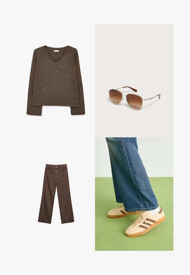 Ruskea neulepaita, jossa on V-kaula-aukko, pitkät hihat, lievästi lyhennetty malli ja ribbaushelma. Pehmeä pinta, jossa on hienostunut viimeistely.; Leviittävät ruskeat farkut, jotka on valmistettu denimistä, korkea vyötärö, etutaskut ja klassinen nappikiinnitys. Silkkinen pinta hienovaraisella ompelutyöllä.; Beige lenkkarit, joissa on tekstuuriset kerma-paneelit ja ruskeat raidat, yhdistettynä sinisiin farkkuihin. Farkut ovat leveät ja niissä on repaleinen helma.; Kultaiset metallikehyksiset aurinkolasit, joissa on gradienttiset ruskeat linssit. Ominaisena on ainutlaatuinen geometrinen muoto ja ruskeat yksityiskohdat varsissa. Kevyt muotoilu.; COACH BROOKLYN SHOULDER BAG 23 - Käsilaukku - maple