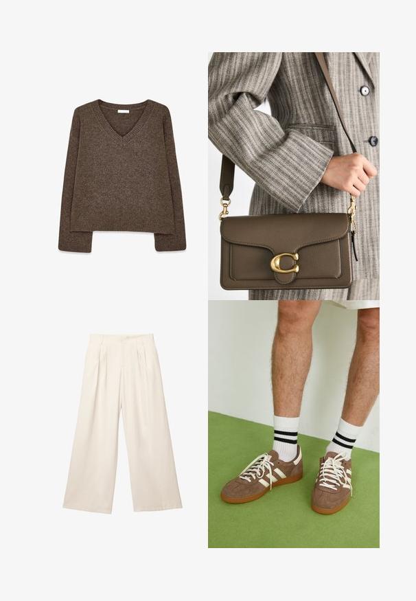 Brauner Strickpullover mit V-Ausschnitt, langen Ärmeln, leicht verkürztem Design und geripptem Saum. Weiche Textur mit glatter Oberfläche.; Weite Hosen in einem hellbeigen Farbton aus einem weichen, strukturierten Stoff. Mit vorderen Falten und einem elastischen Bund für einen entspannten Sitz.; Braune Wildleder-Sneaker mit weißen Akzenten und Schnürsenkeln. Gummisohle in Kautschuk-Optik. Getragen mit weißen Socken, die schwarze Streifen haben. Grüner strukturierter Fußboden.; COACH TABBY SHOULDER BAG 26 - Handtasche - dark stone; Goldene Kettenhalskette mit verlängerten, rechteckigen Gliedern. Getragen über einem schwarzen Hemd mit Spitzenkragen, das eine glatte, polierte Oberfläche zeigt.