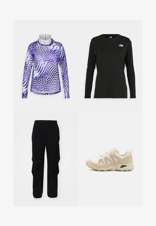 Dlhý rukáv top s fialovo-bielym vlnitým vzorom. Materiál je elastický, s vysokým golierom a prešívanými detailmi na zvýšenie trvanlivosti.; Čierne tričko s dlhým rukávom vyrobené z bavlny s okrúhlym výstrihom. Obsahuje malé biele logo na ľavej strane hrudníka. Jednoduchý dizajn a strih.; Čierne vonkajšie nohavice vyrobené z odolného materiálu, s voľným strihom, elastickým pásom a sťahovacími manžetami pre nastaviteľnú dĺžku.; Beige a krémová športová obuv s textúrovaným sieťovým zvrškom, podporujúcimi prekrytiami a gumovou podrážkou s dezénom pre trakciu.