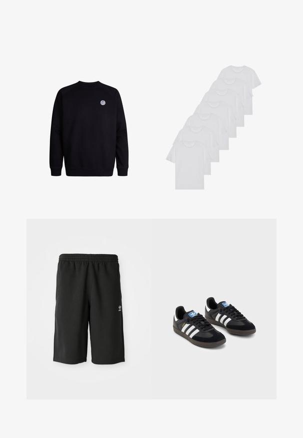 Zwarte sweatshirt met een ronde hals en lange mouwen. Beschikt over een klein rond logo op de bovenste linkerborst. Zachte stoffen textuur.; Witte katoenen T-shirts, korte mouwen, ronde halsontwerp, eenvoudige textuur, gestapeld in een rij, met subtiele branding bij de hals.; Zwarte katoenen shorts met een elastische tailleband, zijnaad en een klein wit logo op het linkerbeen. Soepele textuur, knielange ontwerp.; Zwarte sneakers met een bovenwerk van suède en synthetisch materiaal, voorzien van drie witte strepen, een gestructureerde rubberen zool en een blauw logo-label op de tong.