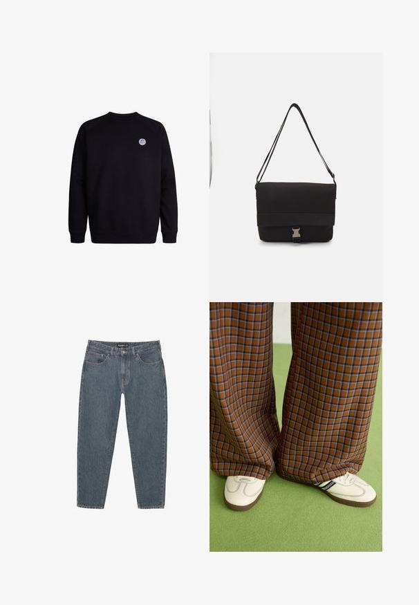 Čierna mikina s okrúhlym výstrihom a dlhými rukávmi. Obsahuje malé kruhové logo na hornej ľavej časti hrude. Mäkkučká tkanina.; Tmavomodré denimové nohavice s uvoľneným strihom, päť vreciek, zapínanie na gombík a mierne roztrhnutý lem. Odolný materiál s jemnou textúrou.; Hnedé a modré kárované nohavice s širokými nohavicami skombinované s bielymi topánkami s čiernymi akcentmi a textúrovanými podrážkami, umiestnené na zelenom pozadí.; Čierna taška na rameno vyrobená z hladkého materiálu, s preklápacím vrchným dielom, striebornými kovový ktorými a nastaviteľným ramenným popruhom.