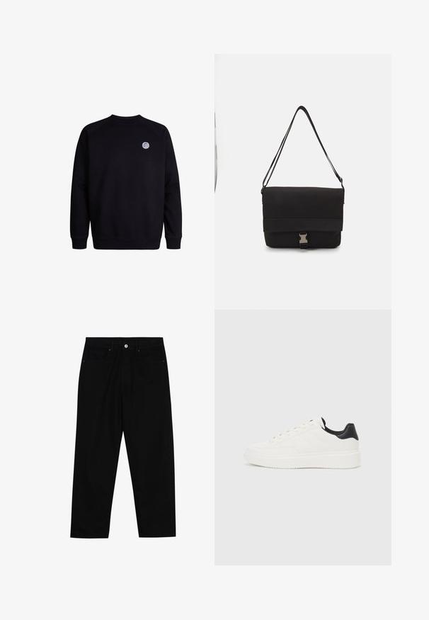 Mustaline särke, millel on ümmargune kaelus ja pikad varrukad. Ees vasakul rinna kohal on väike ringikujuline logo. Pehme materjali tekstuur.; Mustadest denimist püksid, millel on sirge jalg, viie tasku disain ja eesnupuga sulgur. Sile tekstuur koos minimaalsete õmblustega.; Valge nahast sneaker, millel on reljeefne muster, tekstureeritud valge vaheline tall ja must kannaaktsent. Omab ümarat nina ja lamedat paelavarrast.; Mustmust kärjer, mis on valmistatud siledast materjalist, fold-over klapiga, hõbedaste kinnitustega ja reguleeritava õlarihmaga.