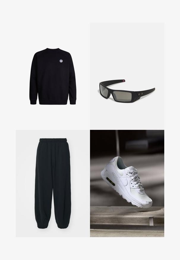 Črna majica s kapuco z okroglim izrezom in dolgimi rokavi. Ima majhen krožni logotip na zgornjem levem prsnem delu. Mehka tekstura tkanine.; Črne, elastične hlače za prosti čas z ohlapnim krojem, manšetami na gležnjih, gladko teksturo in brez vidnih vzorcev ali dodatkov.; Bela Nike Air Max 90 športna obutev z mrežastim in usnjenim zgornjim delom, perforiranim prstnim delom in vidno zračno enoto v peti.; Crne sončne naočale s mat površinom, pravokutne leće, blagi luk na sljepilima, diskretna oznaka i leće sa dimnim nijansama.