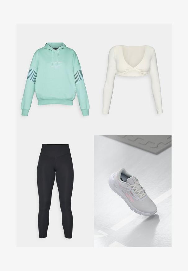 Mint zelena dukserica s kapuljačom na vezanje, rebrastim manžetama i logom sprijeda. Ima mornarsko plave horizontalne pruge na rukavima.; Bijela dugosločna crop majica s dubokim V-izrezom i uvučenim prednjim dizajnom, izrađena od glatkog, rastezljivog materijala.; Crne tajice s visokim strukom, glatkom teksturom i tijesnim krojem. Imaju ravne šavove i punu dužinu bez uzoraka.; Svijetlosivi sportski model cipela s ružičastim detaljima, mrežasti gornji dio, zaobljen nos, mekan potplat i vezanje na vezice. Površina je glatka i reflektirajuća.