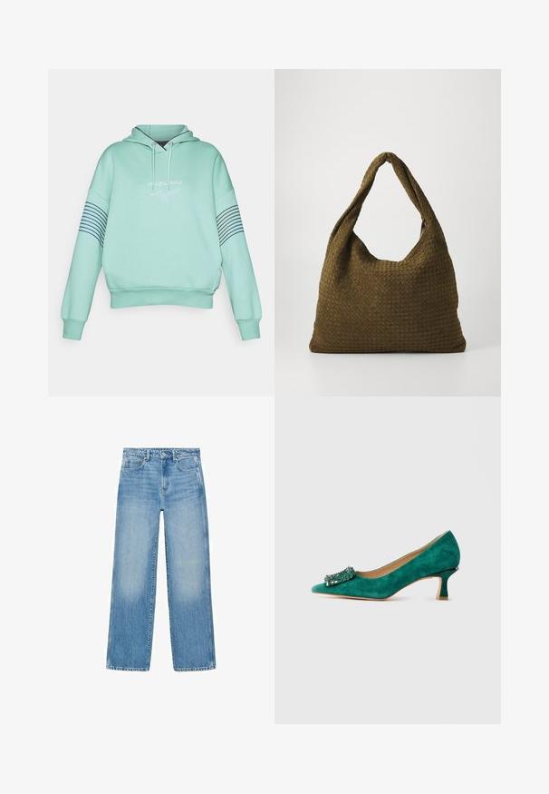 Haut à capuche vert menthe avec cordon, manches à côtes, et un logo à l'avant. Présente des rayures horizontales bleu marine sur les manches.; Jean en denim bleu clair avec une coupe droite, un design à cinq poches et une légère décoloration. Comprend une fermeture à bouton et à glissière à la taille.; Chaussure à talon kitten en daim vert avec un bout pointu et une boucle décorative en bijoux à l'avant, présentée en profil latéral sur fond blanc.; Sac en tissu tissé de couleur olive avec une forme ronde et spacieuse et une longue poignée unique pour le porter. Surface texturée.