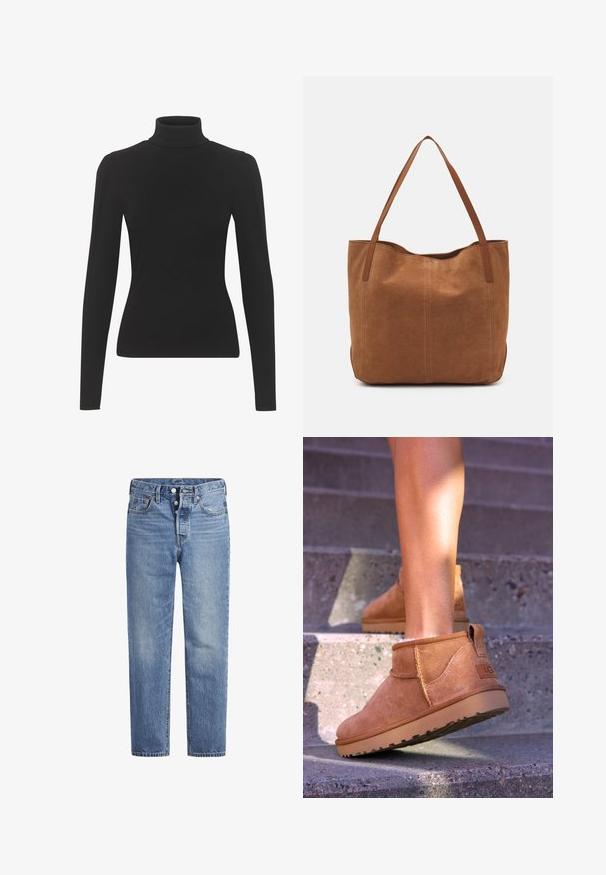 Haut à col roulé noir en tissu côtelé, doté de manches longues et d'une silhouette ajustée. Texture lisse avec des détails subtils aux épaules.; Jeans en denim bleu clair avec une coupe droite, un design à cinq poches et un bouton pression. Présentent une légère décoloration et des coutures orange en accent.; Bottines en suede beige avec une texture douce, des détails cousus et une semelle en caoutchouc, dotées d'un talon en boucle pour un enfilage facile.; Sac fourre-tout en suede marron avec deux longues poignées, présentant une texture lisse, un design simple, et sans matériel ni accents visibles.