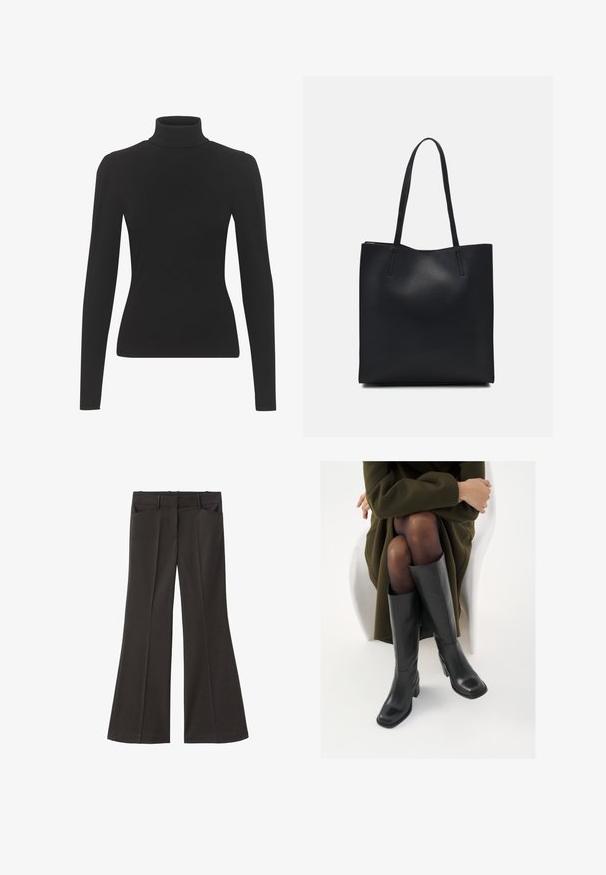 Černý rolák vyrobený z žebrované látky, s dlouhými rukávy a přiléhavým střihem. Hladká textura s jemným detailem na ramenou.; Černé rozšířené kalhoty s vysokým pasem; mají dvě přední kapsy a hladkou texturu látky. Vhodné pro různé příležitosti.; Černé kožené boty po kolena s hranatou špičkou a blokovým podpatkem, předvedené na modelce sedící v olivově zeleném kabátu. Hladký povrch, minimalizované detaily.; Černá kožená taška přes rameno s hladkým povrchem, obdélníkovým tvarem a dvěma dlouhými uchy. Žádné viditelné kování ani ozdoby.