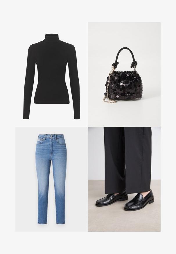 Mustapaita, joka on valmistettu ribbitetusta kankaasta, pitkät hihat ja kapea siluetti. Sujuva rakenne ja huomaamaton olkapäätaito.; Vaaleansiniset farkut, joissa on korkea vyötärö, suorat lahkeet ja hienovaraisia haalistumia. Varustettu vyölenkeillä, viidellä taskulla ja metallinappikiinnityksellä.; Mustat nahka loaferit, joissa on sileä pinta, tikattu yksityiskohta varpaiden ympärillä ja matala kumipohja. Yhdistetty leveiden mustien housujen kanssa.; Mustan paljetti-minilaukku, jossa on solmittu teksturoidu hihna ja hopeaketju. Pyöreä muoto, joissa on rypistetty yläosa ja heijastava yksityiskohta.