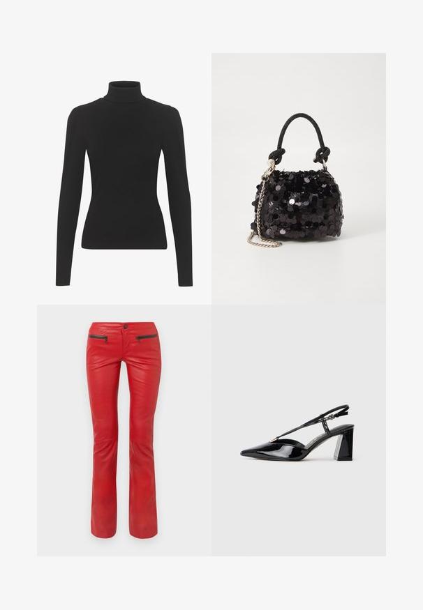 Must mustreppidega must turtleneck top, millel on pikad varrukad ja keha ümber kätkev siluett. Sile tekstuur koos peente õlavarre detailidega.; Punased nahkpüksid tekstureeritud viimistlusega, millel on kaks lukuga esikotid ja sobiv disain, mis laieneb veidi pahkluu juures.; Mustadast mustast lakknahast kõrge kontsaga kingad, millel on terav varvas, reguleeritav rihm ja jäme ristkülikuline konts.; Must have mustrõngus mustal sädelev mini käekotil on sõlme tekstuuriga rihm ja hõbedane ketis. Ümar kuju, kokku kogutud ülaosa ja peegeldav detail.