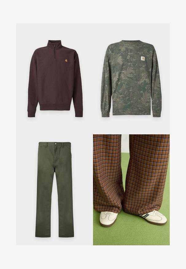 Tamsiai ruda, su užtrauktuku kaklo srityje, megztinis iš minkštos medžiagos su ilgomis rankovėmis. Ant krūtinės yra mažas geltonos ir raudonos spalvos logotipas. Elastingi rankogaliai ir apačia.; Žaliai ir rudos spalvų maskavimo rašto ilgomis rankovėmis marškinėliai su mažu kvadrato formos Carhartt logotipo pleistru kairėje krūtinės pusėje.; Alyvuogių žalios kelnės, pagamintos iš patvarios medžiagos, turinčios tiesias kojas, priekines kišenes ir sagos užsegimą. Lygus tekstūros paviršius.; Rudos ir mėlynos langelinės plačios kelnės, derinamos su baltais batais su juodais akcentais ir tekstūruotais padais, prieš žalią foną.