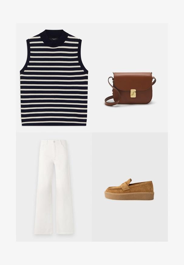 Hihaton toppi, jossa on pystysuorat tummansinisen ja kerma-valkoisen värin raidat, ribbineck, pehmeä neulottu materiaali, siistit reunat ja moderni muotoilu.; Valkoiset, korkeavyötäröiset ja leveälahkeiset farkut, jotka on valmistettu denimkankaasta. Ominaisuuksiin kuuluu napp closure, kaksi etutaskua ja sivusaumojen ompeluyksityiskohdat.; Kastanjanruske mokasiner med rund tå, som har en ribbet plattformssåle og en dekorativ stropp over vristen.; Ruskea nahkainen käsilaukku, jossa on läppäkiinnitys, kultasävyiset yksityiskohdat, olkahihna ja sileä pinta. Kompaktin suorakaiteen muotoinen.