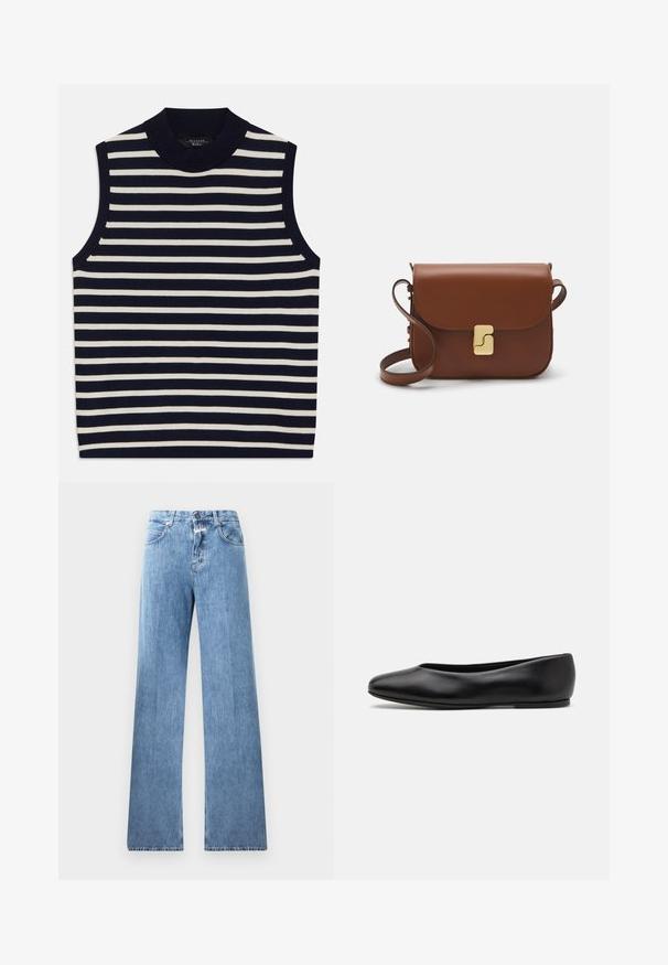 Hihaton toppi, jossa on pystysuorat tummansinisen ja kerma-valkoisen värin raidat, ribbineck, pehmeä neulottu materiaali, siistit reunat ja moderni muotoilu.; Vaaleansiniset farkut, joissa on leveä lahje, viisi taskua, vyölenkit ja nappikiinnitys. Kankaan pinta on sileä.; Paul Smith TOPANGA - Ballerinat - black; Ruskea nahkainen käsilaukku, jossa on läppäkiinnitys, kultasävyiset yksityiskohdat, olkahihna ja sileä pinta. Kompaktin suorakaiteen muotoinen.