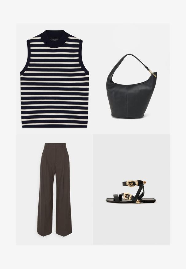 Ujjatlan felső, függőleges sötétkék és krém csíkokkal, bordázott környakkal, puha kötött anyagból, letisztult széllel és modern dizájnnal.; Sötétbarna, bő szárú nadrág magas derékkal, tisztán vasalt redőkkel, sima textúrával és testhez simuló fazonnal.; Fekete bőr szandál arany csattal, több hevederrel és lapos talpú dizájnnal, nyitott lábujjú viselethez.; Fekete bőrtáska kerekded formával, széles pánttal és texturált felülettel. Finom varrási részletekkel és arany színű fém díszítéssel rendelkezik.