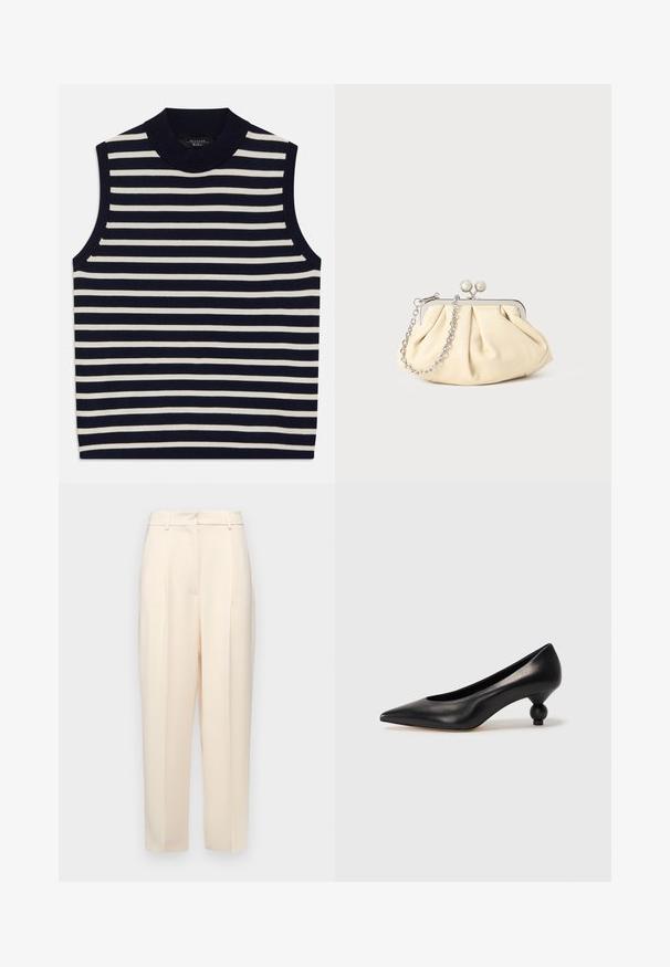 Ujjatlan felső, függőleges sötétkék és krém csíkokkal, bordázott környakkal, puha kötött anyagból, letisztult széllel és modern dizájnnal.; Beige, egyenes szabású testre szabott nadrág, elöl plisszírozással, sima textúrával és közepes derékkal. Nincsenek látható zsebek.; Fekete bőr magassarkú cipő, hegyes orral és kerek, gömbölyű sarokkal. Simább textúrával, elegáns, minimalista dizájnnal.; Pleátolt bézs bőr válltáska ezüst fém kerettel, két kerek díszcsattal és ezüst lánc pánttal.