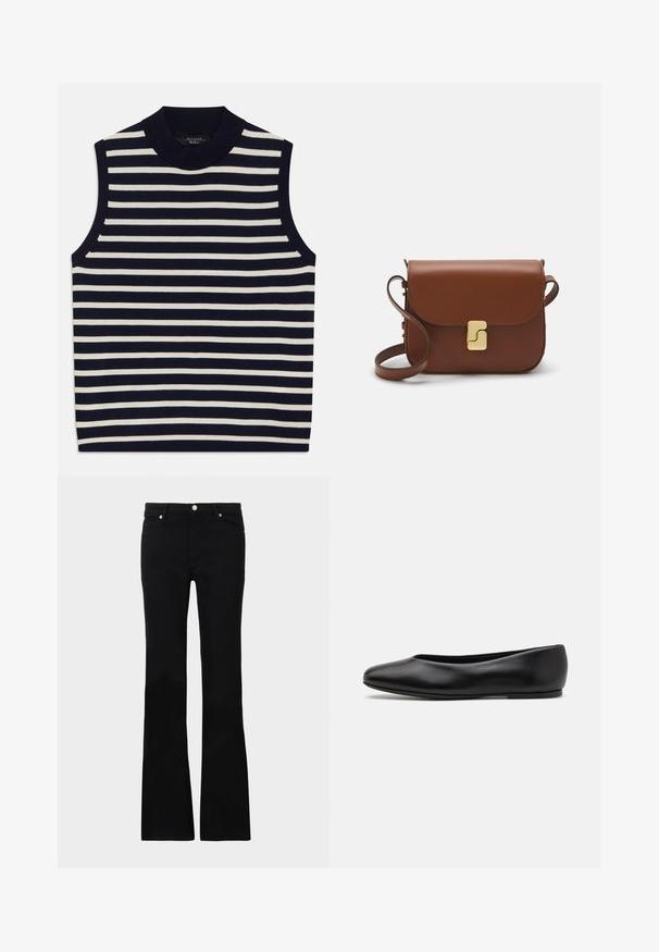 Bez piedurknēm, ar vertikālām tumši zila un krēma svītrām, ribota apkakle, mīksts adījuma materiāls, gludas malas un mūsdienīgs dizains.; Melni flared džinsi, izgatavoti no džinsa auduma, ar divām priekšējām kabatām, pogu aizdari un gludu tekstūru. Redzamā veikala šuvju rakstība.; Paul Smith TOPANGA - Balerīnas laiviņas - black; Bordo ādas rokas soma ar atloku, zeltītām detaļām, plecu siksnu un gludu virsmu. Kompakta, taisnstūrveida forma.