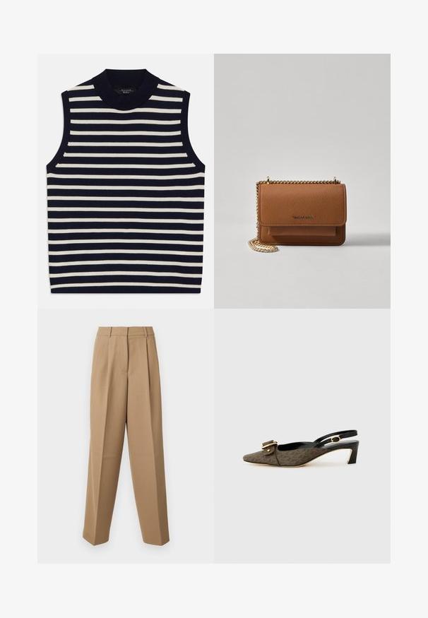 Bez piedurknēm, ar vertikālām tumši zila un krēma svītrām, ribota apkakle, mīksts adījuma materiāls, gludas malas un mūsdienīgs dizains.; Bēšas stilīgas bikses ar augstu jostasvietu, kroku priekšpusi un platām kājām. Audums izskatās gluds ar vieglu spīdumu.; Slingback papēži ar norādītu purngalu, brūna rakstaina auduma, ar zelta sprādzi, melnu ādas siksniņu un īsu blokveida papēdi.; Brūna teksturēta ādas plecu soma ar zelta ķēdes siksnu un atloka aizdari. Priekšpusē ir logotipa detaļa un kabata zem atloka.