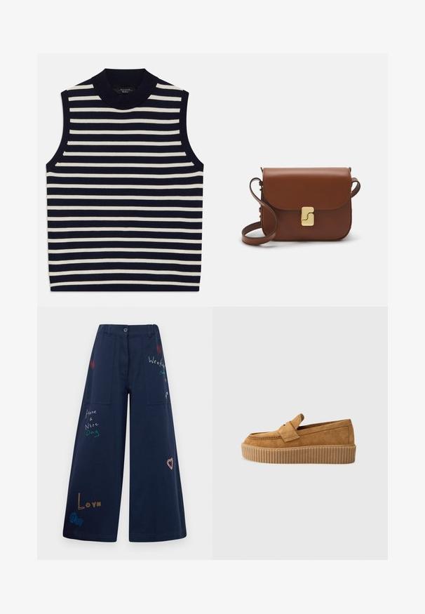 Ärmelloses Oberteil mit vertikalen marineblauen und cremefarbenen Streifen, geripptem Rundhalsausschnitt, weichem Strickmaterial, sauberen Kanten und modernem Design.; Navyblaue weite Baumwollhosen mit mehreren Taschen. Enthält farbenfrohe gestickte Texte und Grafiken, darunter Herzen und verspielte Phrasen.; Brauner Wildleder-Loafer mit runder Zehenform, ausgestattet mit einer gerippten Plattformsohle und einem dekorativen Riemen über dem Obermaterial.; Braune Ledertasche mit Klappenverschluss, Beschlägen in Goldfarbe, einem Schultergurt und einer glatten Oberfläche. Kompakte rechteckige Form.