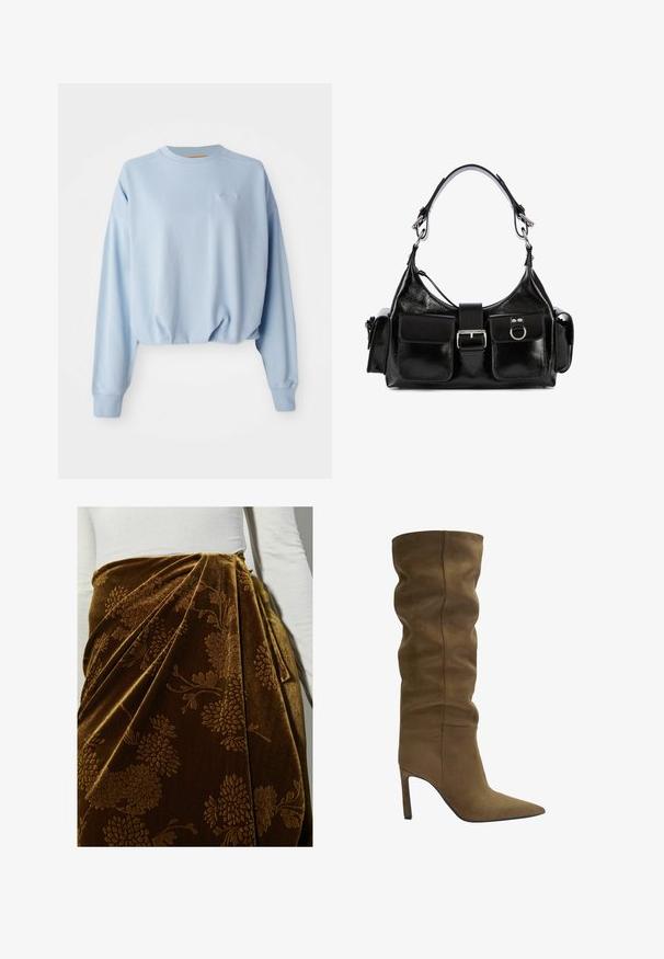 Svijetloplava skraćena dukserica s dugim rukavima, rebrastim završecima i okruglim izrezom. Ima mali izvezeni logo na prsima. Mekana tekstura.; Rjava žametna krila s cvetličnim vzorcem, ki vsebuje gube in drapirano obliko. Teksturna površina poudarja bogate detajle.; Olive zelena semiš čizme do kolena s špicastim vrhom, slobodnim gornjim dizajnom i štiklom, s vidljivim detaljima šivanja.; Črna usnjena torbica z bleščečo površino, ki ima središnjo zaponko, dve sprednji žepki in kratek naramni trak.